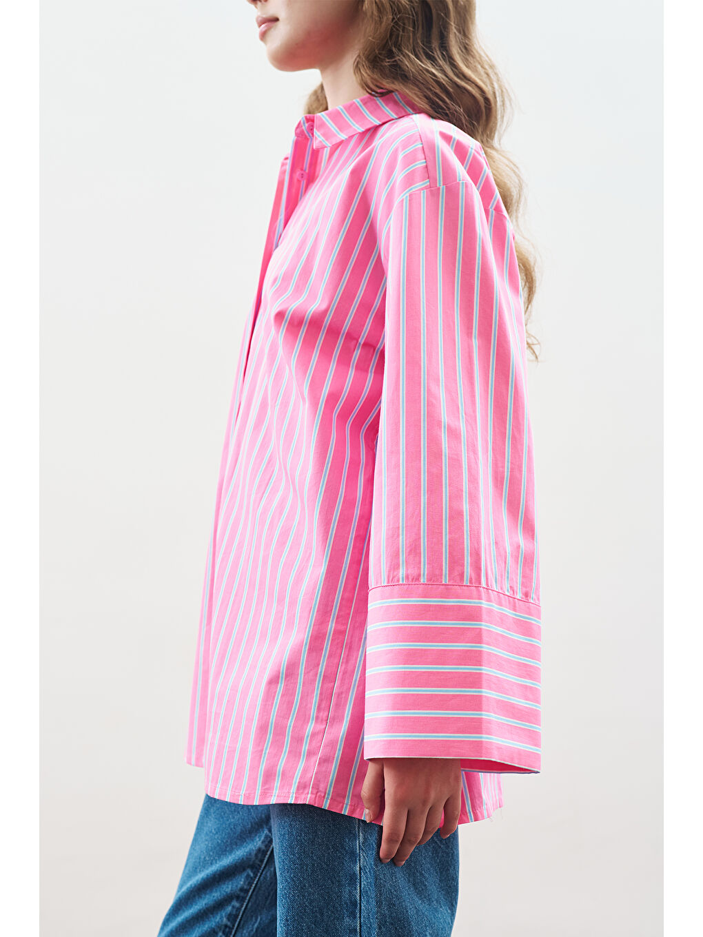 Çizgili Pamuklu Gömlek Pembe Çizgi-4