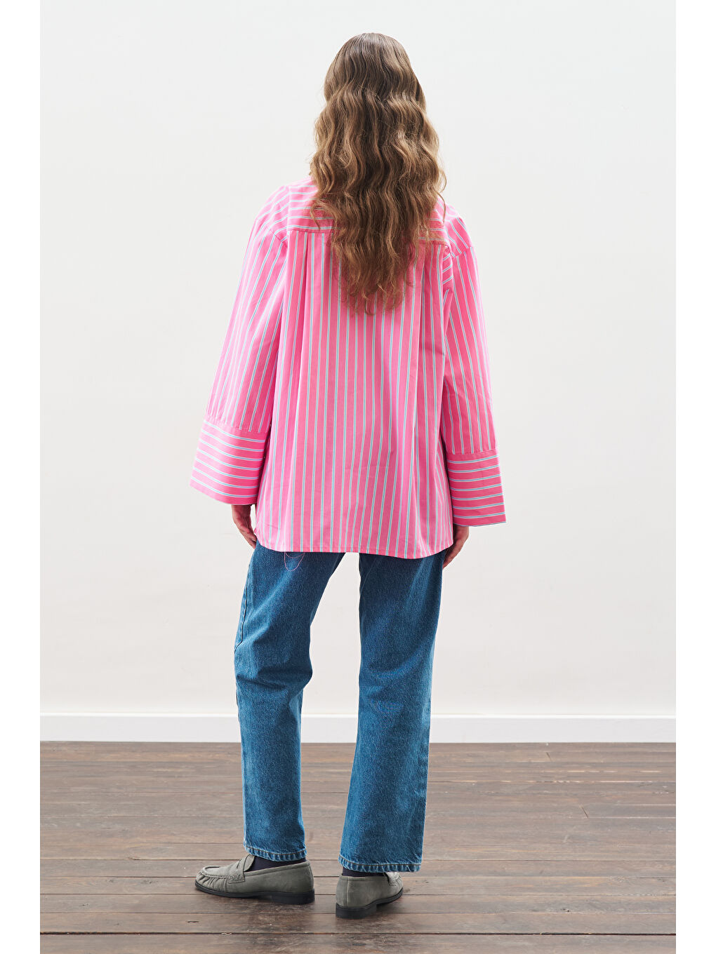 Çizgili Pamuklu Gömlek Pembe Çizgi-5