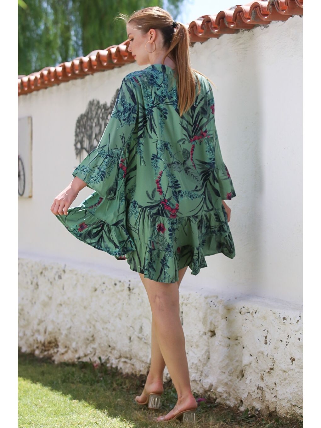 Yeşil Hakim Yaka Volanlı Kol Düğmeli Eteği Fırfırlı Allover Baskılı Casual Dokuma Elbise 90 64-7