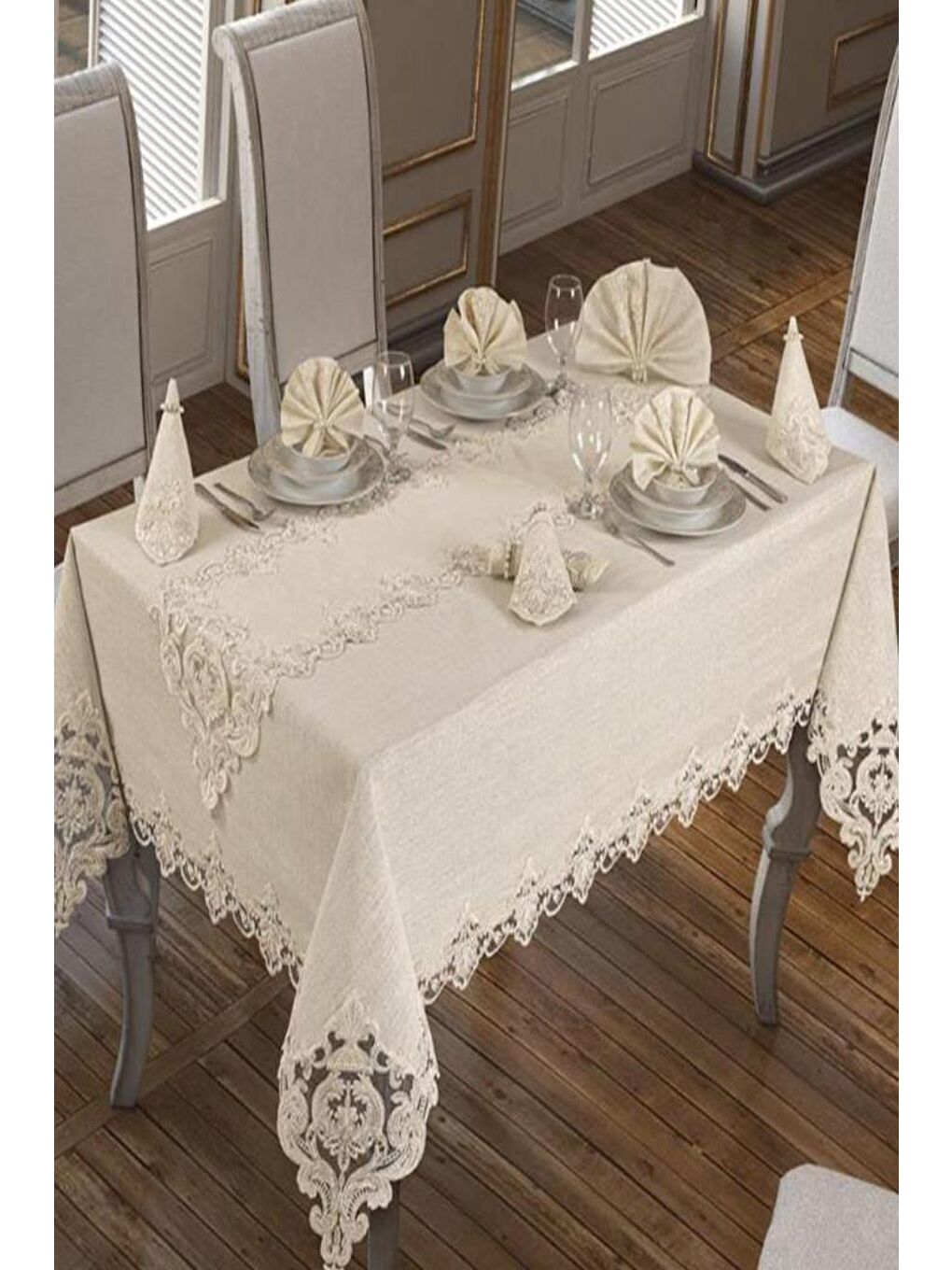 Ekru Fransız Güpürlü Miray Tek Masa Örtüsü Krem-4