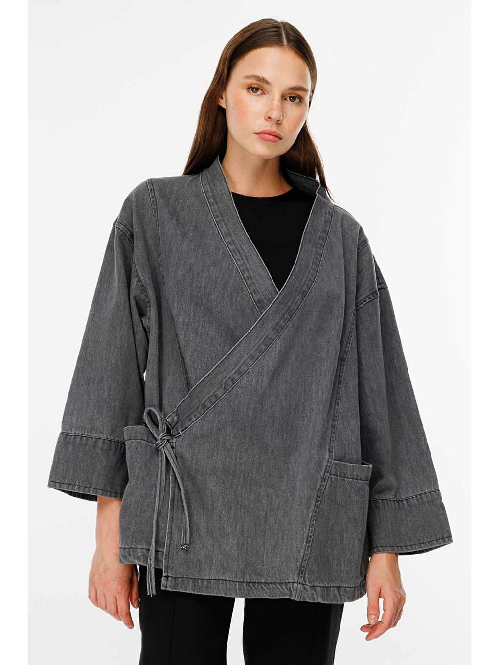 HOOOPSTORE Anvelop Kapama Jean Kimono Antrasit Ceket - 4