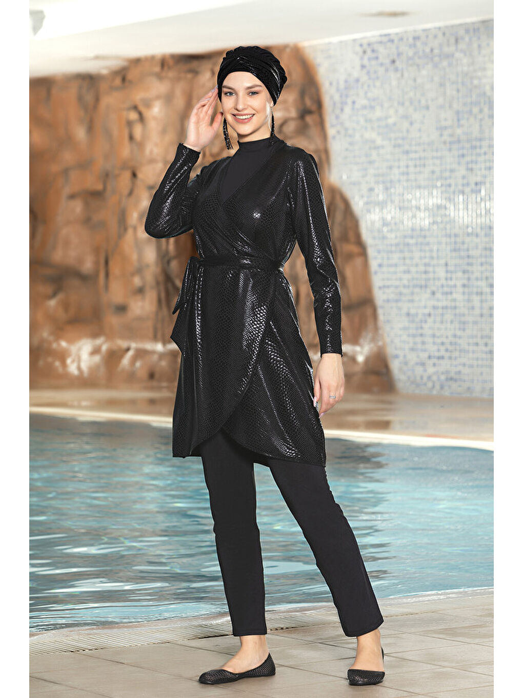 Yılan Desen Uzun Kol Elastanlı Tam Kapalı Tesettür Mayo 1273 01 Siyah