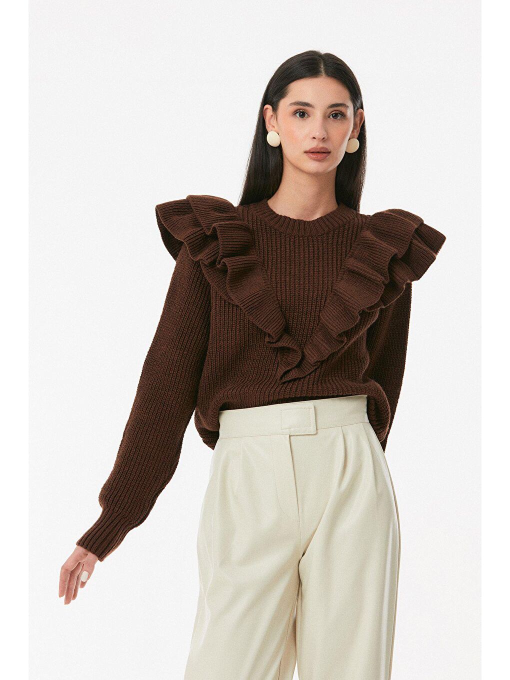 Kahverengi Fırfırlı Bisiklet Yaka Triko Kazak-3