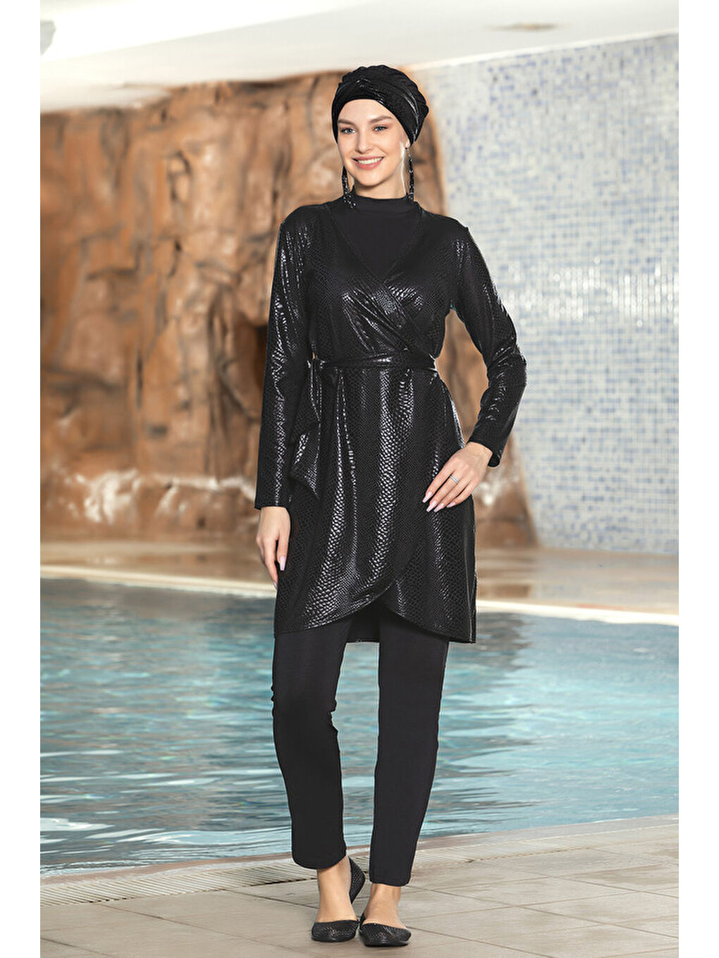 Yılan Desen Uzun Kol Elastanlı Tam Kapalı Tesettür Mayo 1273 01 Siyah-1