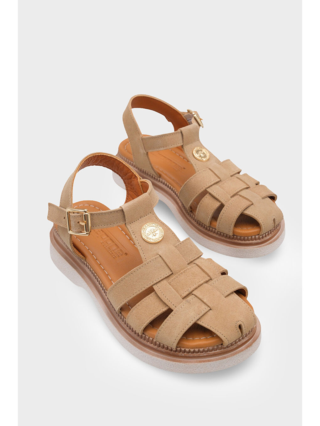 Bej Juliane Hakiki Süet Gladyatör Dolgu Topuk Kadın Sandalet-1