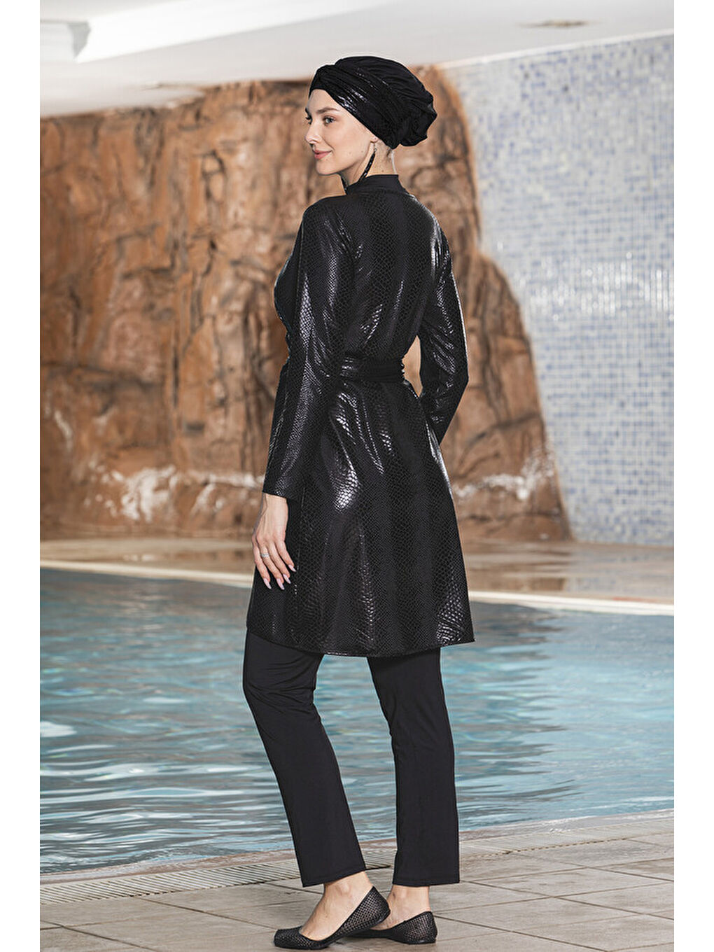 Yılan Desen Uzun Kol Elastanlı Tam Kapalı Tesettür Mayo 1273 01 Siyah-2