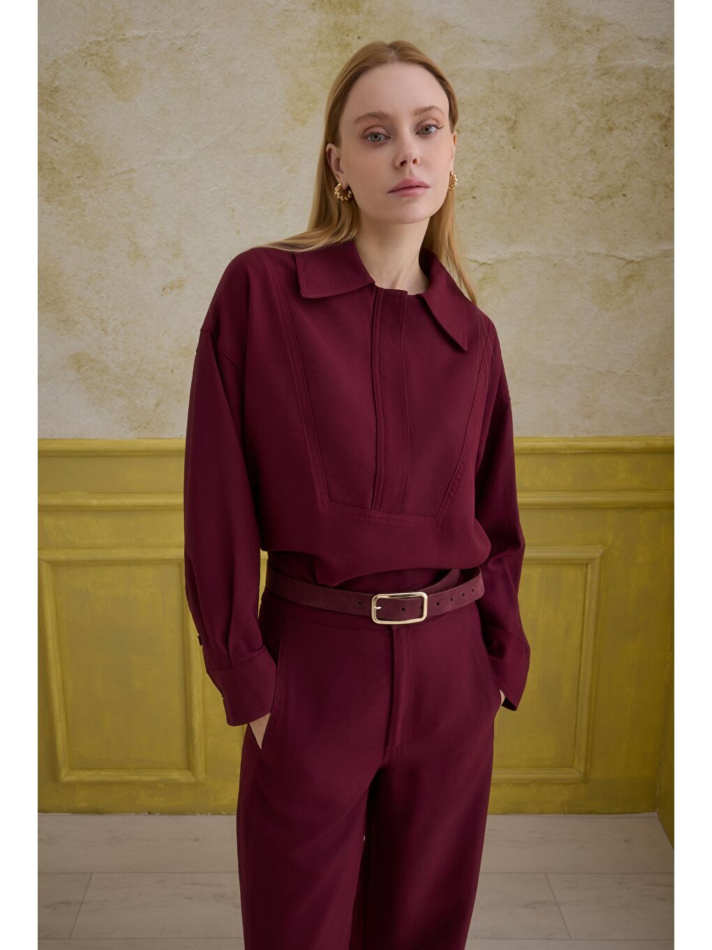 Fermuar Detaylı Gömlek Bordo-1