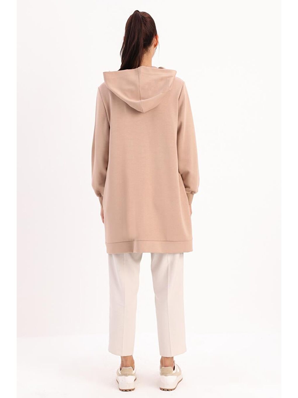 Bej Vizon Taş Detaylı Kapüşonlu Hırka-3