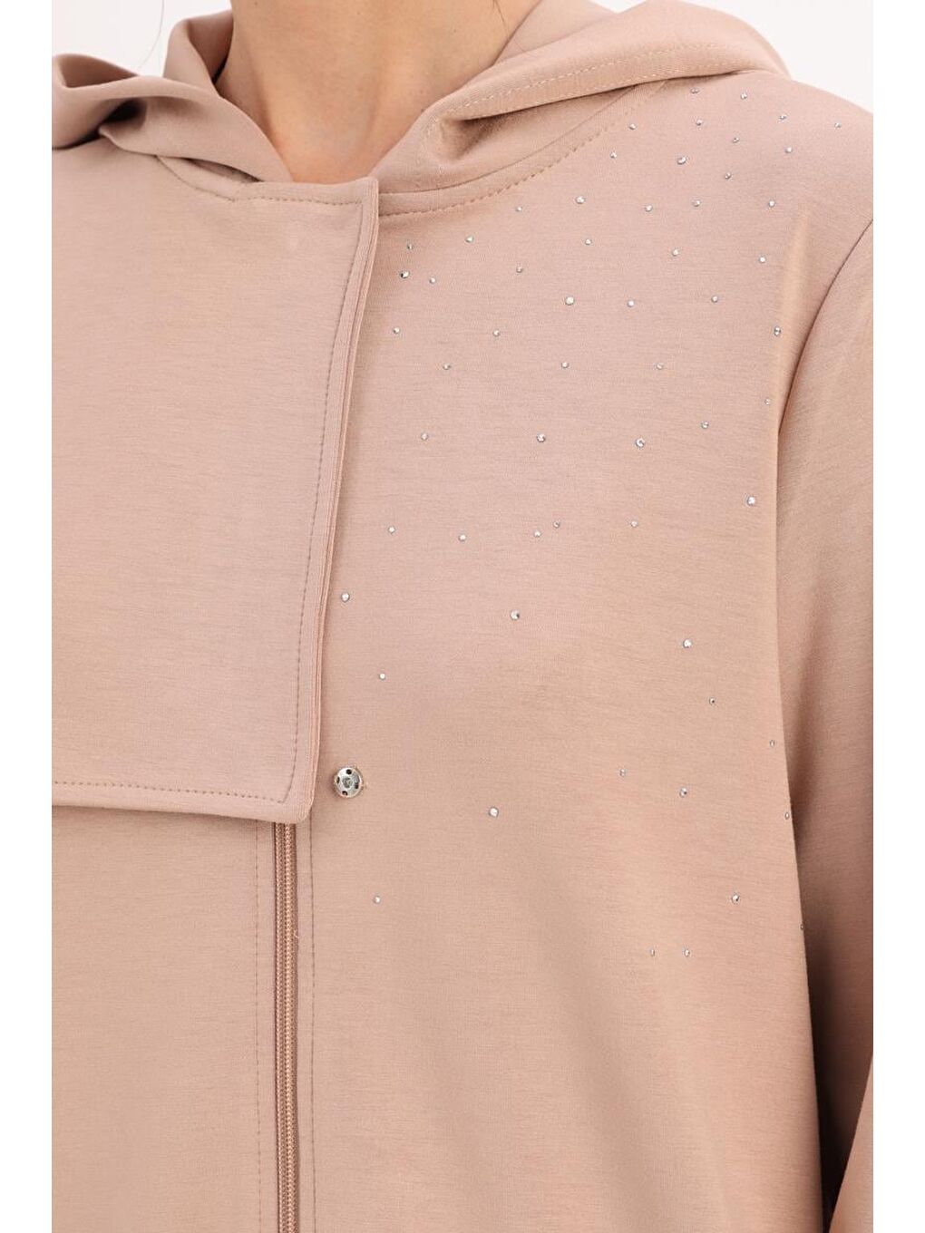 Bej Vizon Taş Detaylı Kapüşonlu Hırka-4