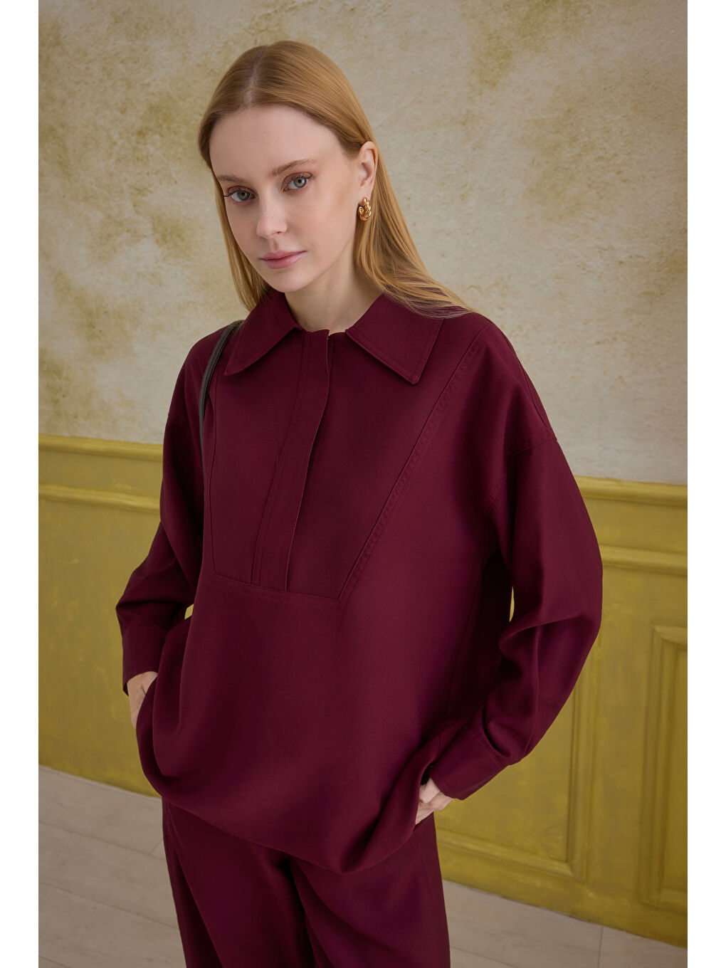 Fermuar Detaylı Gömlek Bordo-2