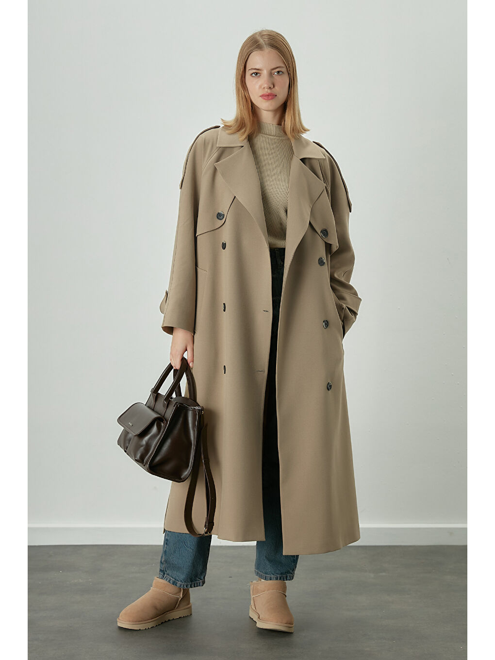 Premium Oversize Trençkot Açık Bej