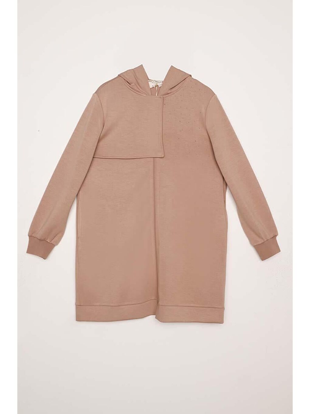 Bej Vizon Taş Detaylı Kapüşonlu Hırka-5