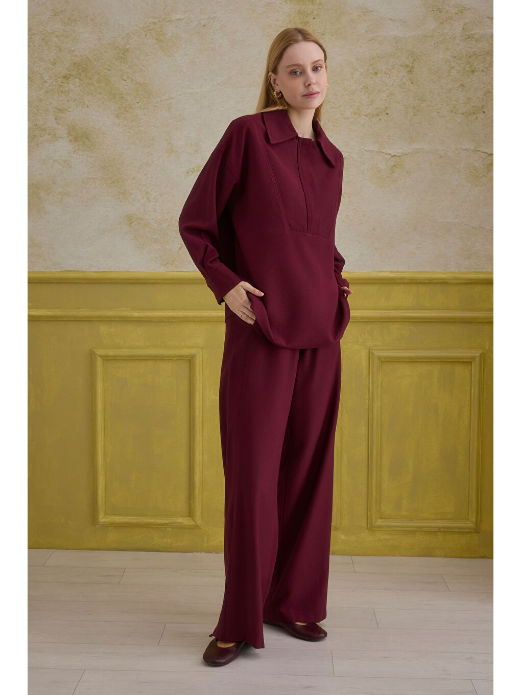 Fermuar Detaylı Gömlek Bordo-3