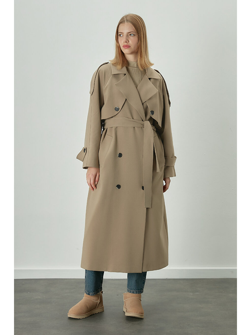 Premium Oversize Trençkot Açık Bej-1