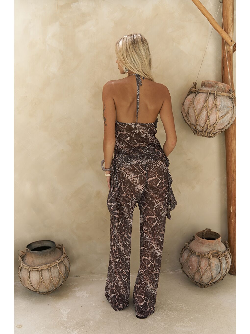 Bej Sulliven Fırfır Detay Vizon Crop Pantolon Takım-4