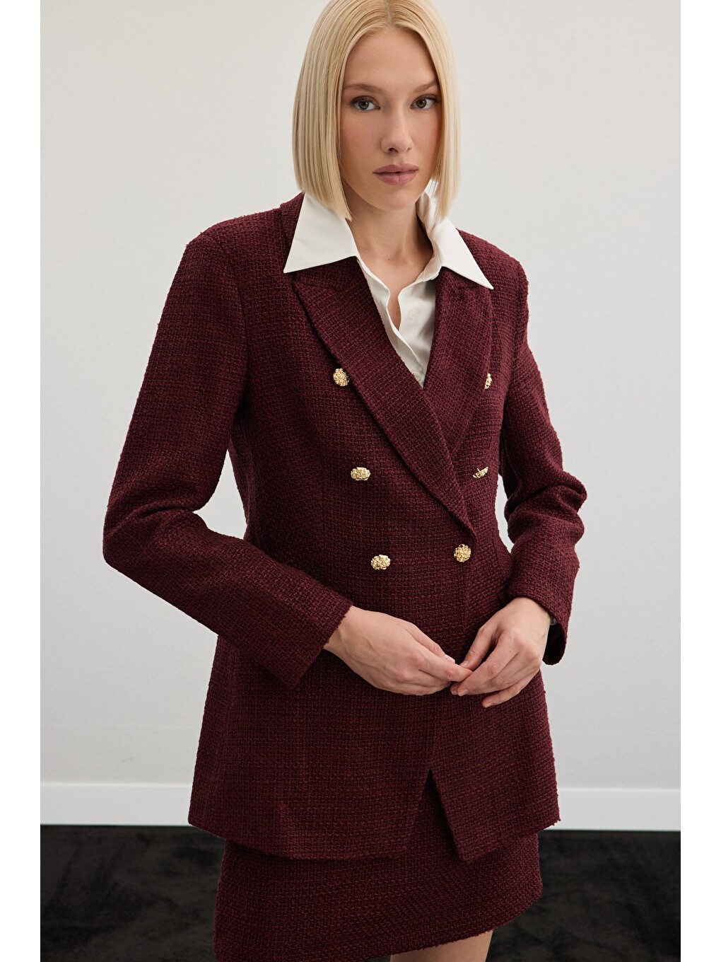 Düğme Detaylı Tüvit Ceket - Bordo-3