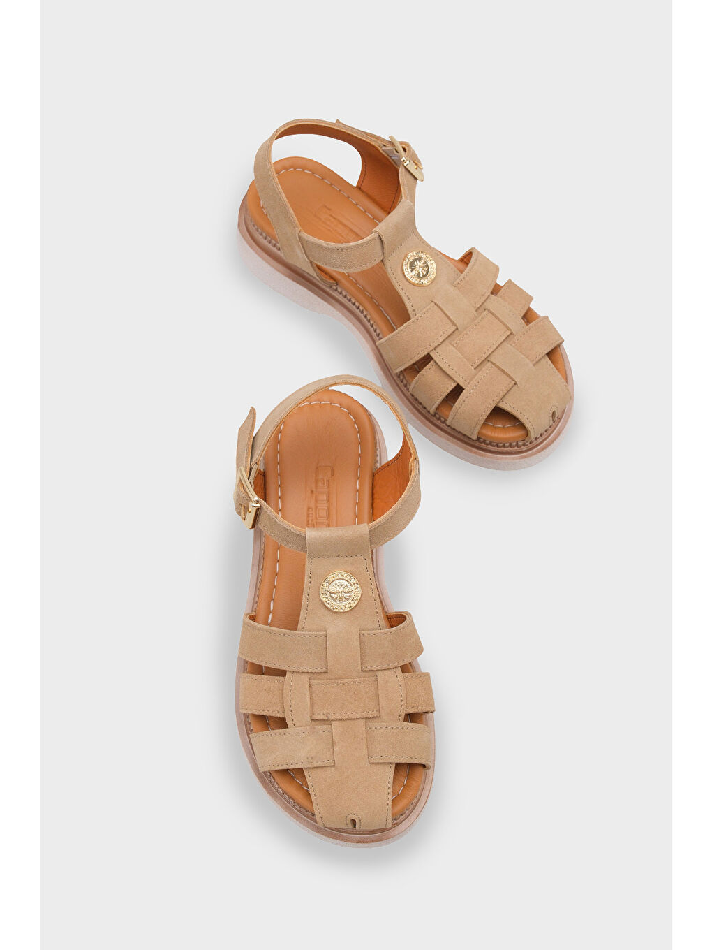 Bej Juliane Hakiki Süet Gladyatör Dolgu Topuk Kadın Sandalet-5