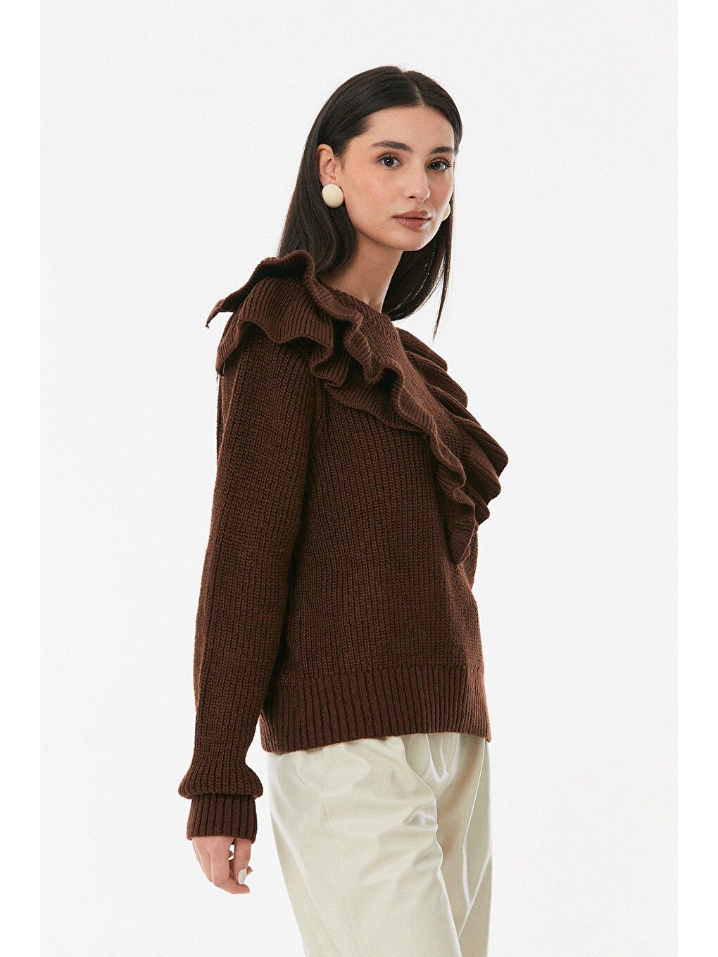 Kahverengi Fırfırlı Bisiklet Yaka Triko Kazak-4