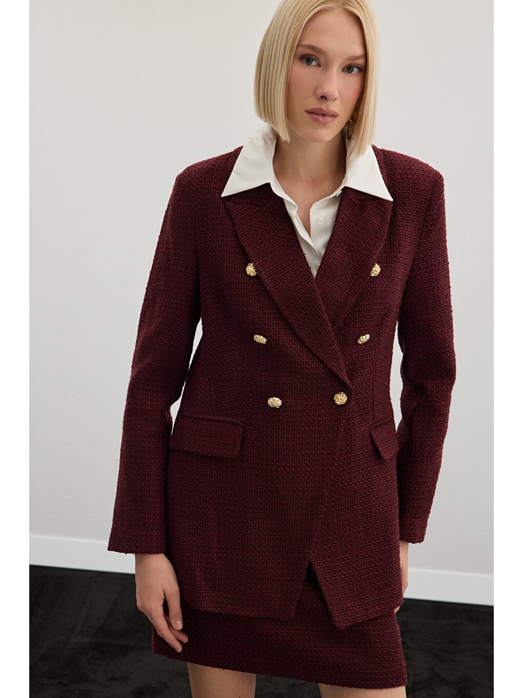 Düğme Detaylı Tüvit Ceket - Bordo-4