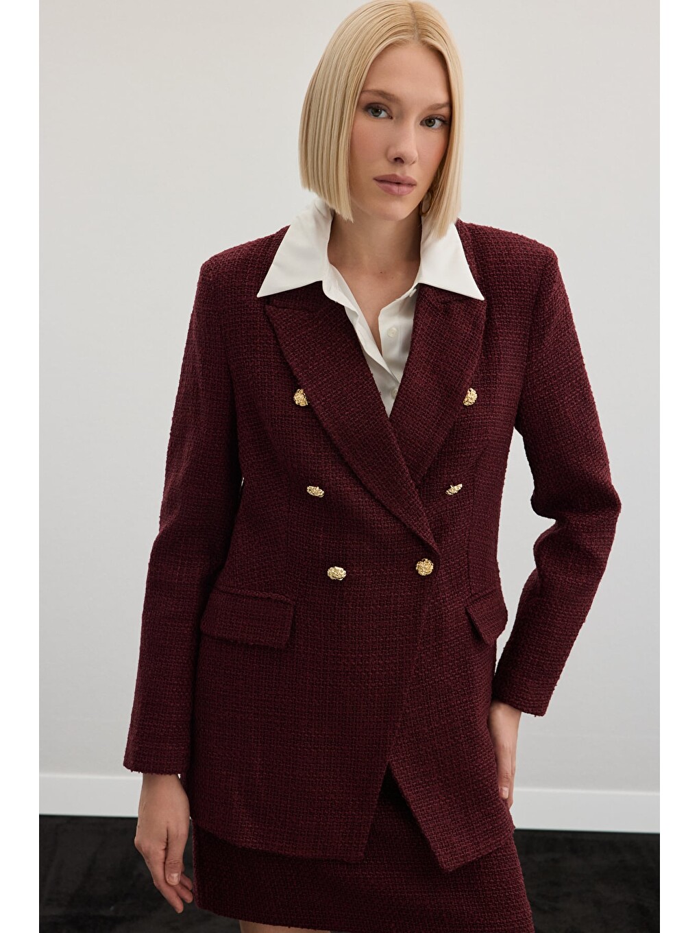 Düğme Detaylı Tüvit Ceket - Bordo-5