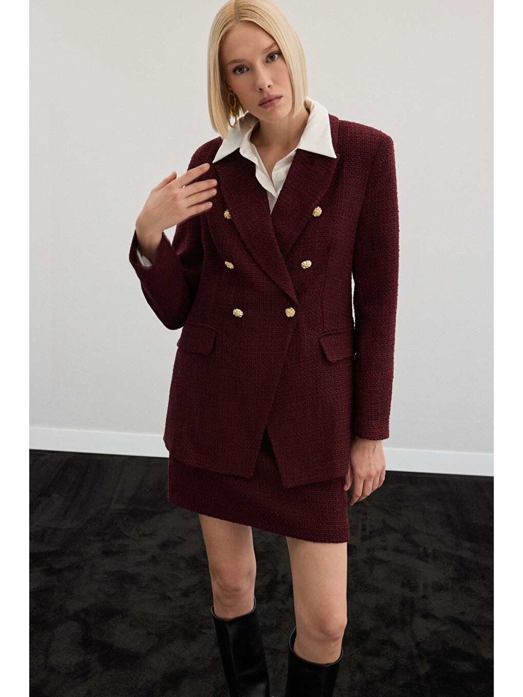 Düğme Detaylı Tüvit Ceket - Bordo-6
