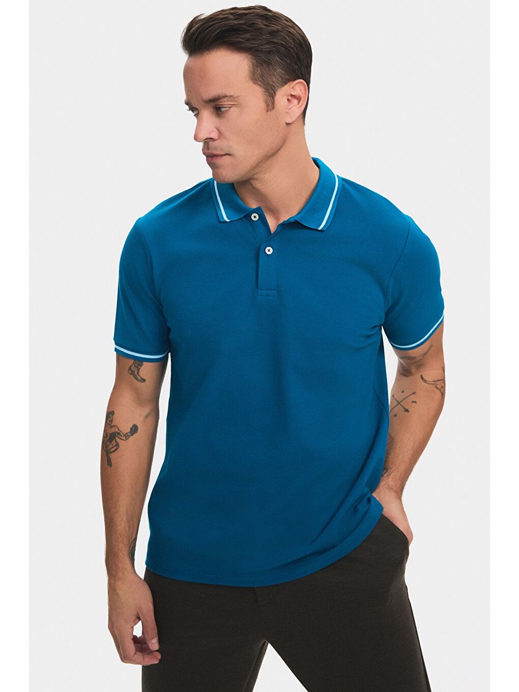 June Petrol Erkek Regular Fit %100 Pamuk Çizgi Detaylı Polo Yaka Tişört - 2