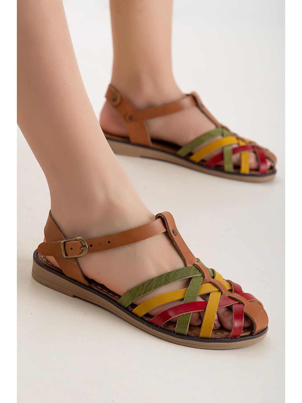 Kırmızı D002   Kadın Hakiki Deri Sandalet-2