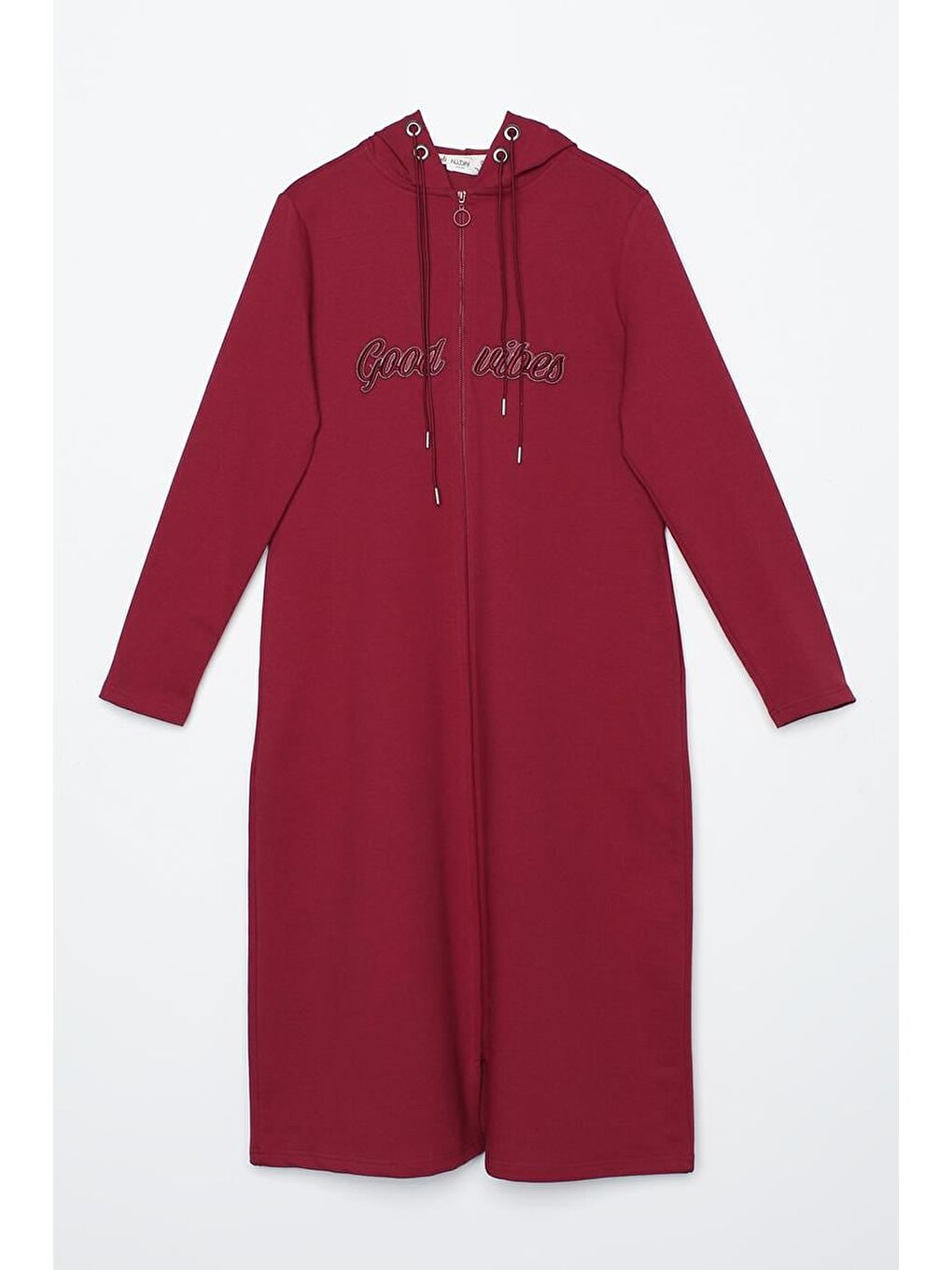 Koyu Bordo Aplike Nakışlı Çift Kordonlu Kapüşonlu Hırka-5