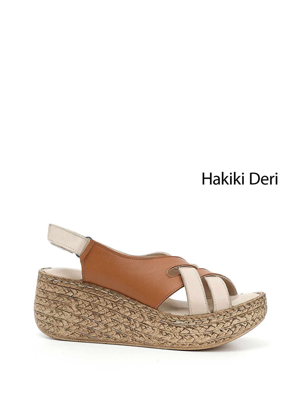 Kahverengi Kadın TABA-BEJ Cırt Bantlı Hakiki Deri Dolgu Tabanlı Sandalet