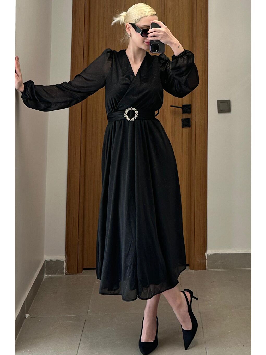 Siyah Kemerli Simli Kadın Midi Boy Elbise Mg2270