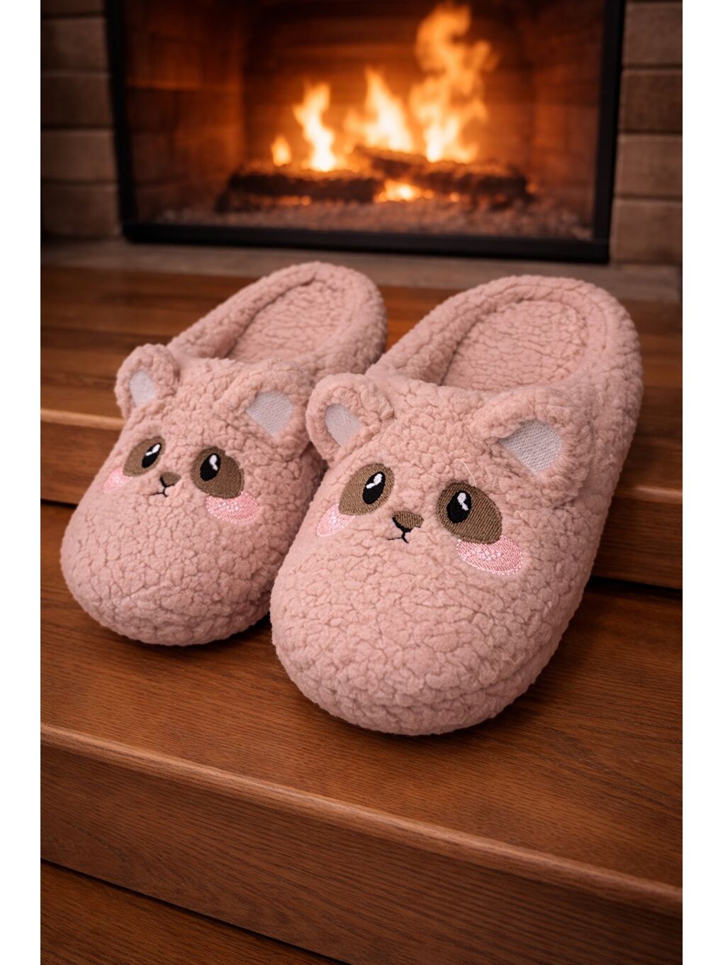 Pembe TEDDY BEAR Kadın Ev Terliği Kışlık Terlik Kauçuk Ses Yapmayan Taban