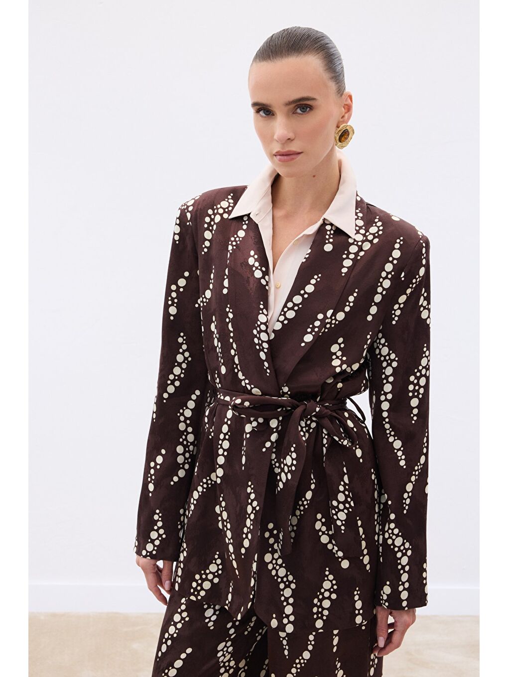 Kahverengi Desenli Uzun Ceket - Kahve-1