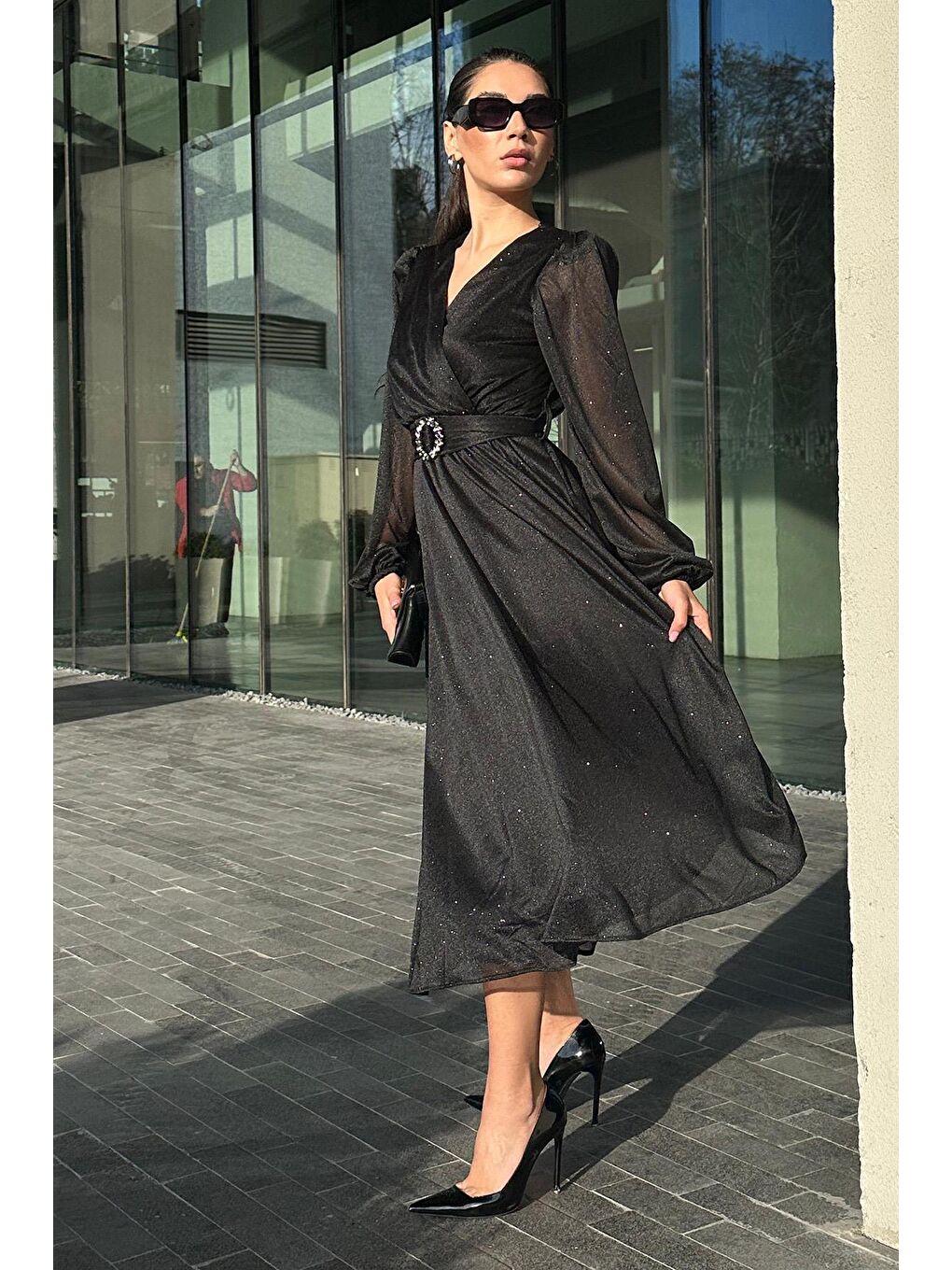 Siyah Kemerli Simli Kadın Midi Boy Elbise Mg2270-1