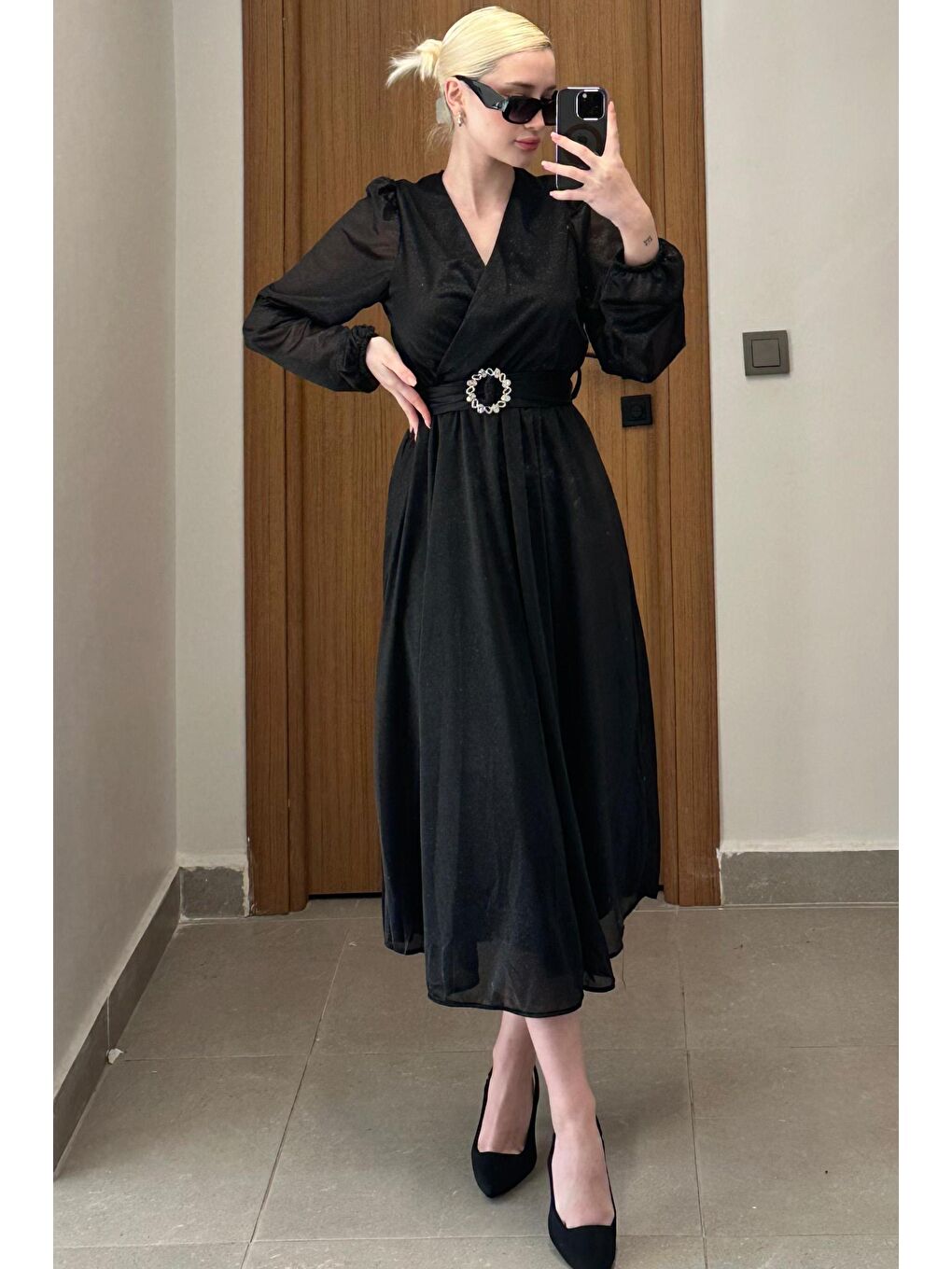 Siyah Kemerli Simli Kadın Midi Boy Elbise Mg2270-2