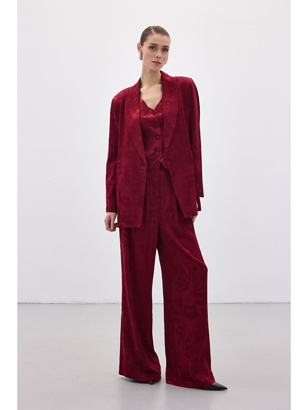 Jakarlı Uzun Ceket - Bordo-5