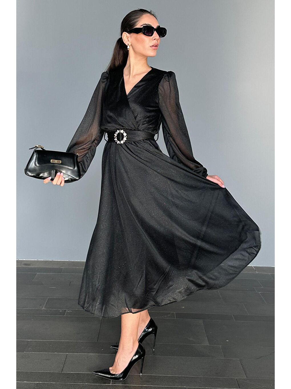 Siyah Kemerli Simli Kadın Midi Boy Elbise Mg2270-3