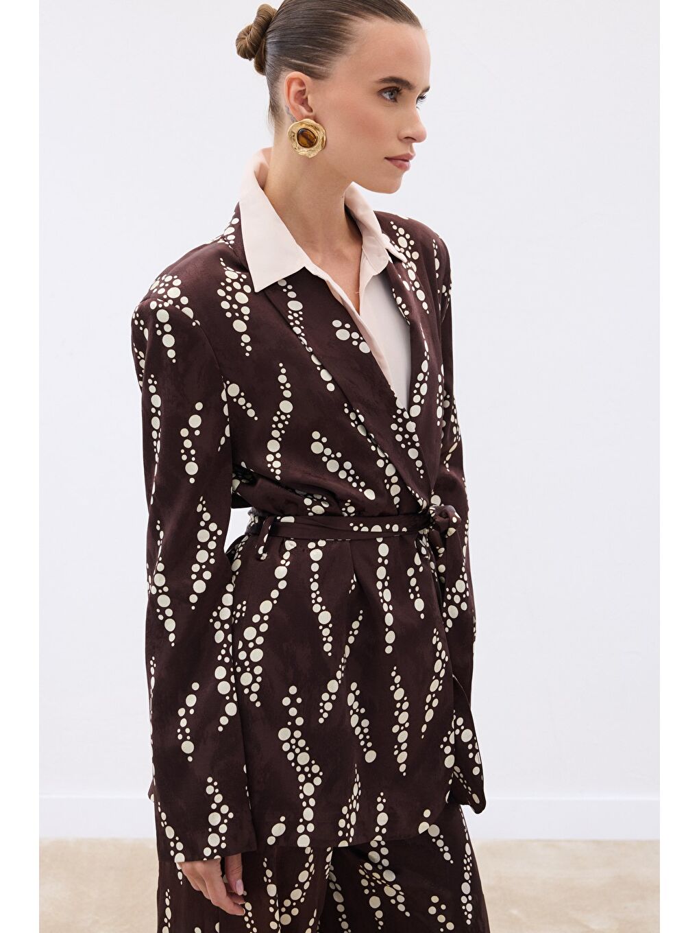 Kahverengi Desenli Uzun Ceket - Kahve-2