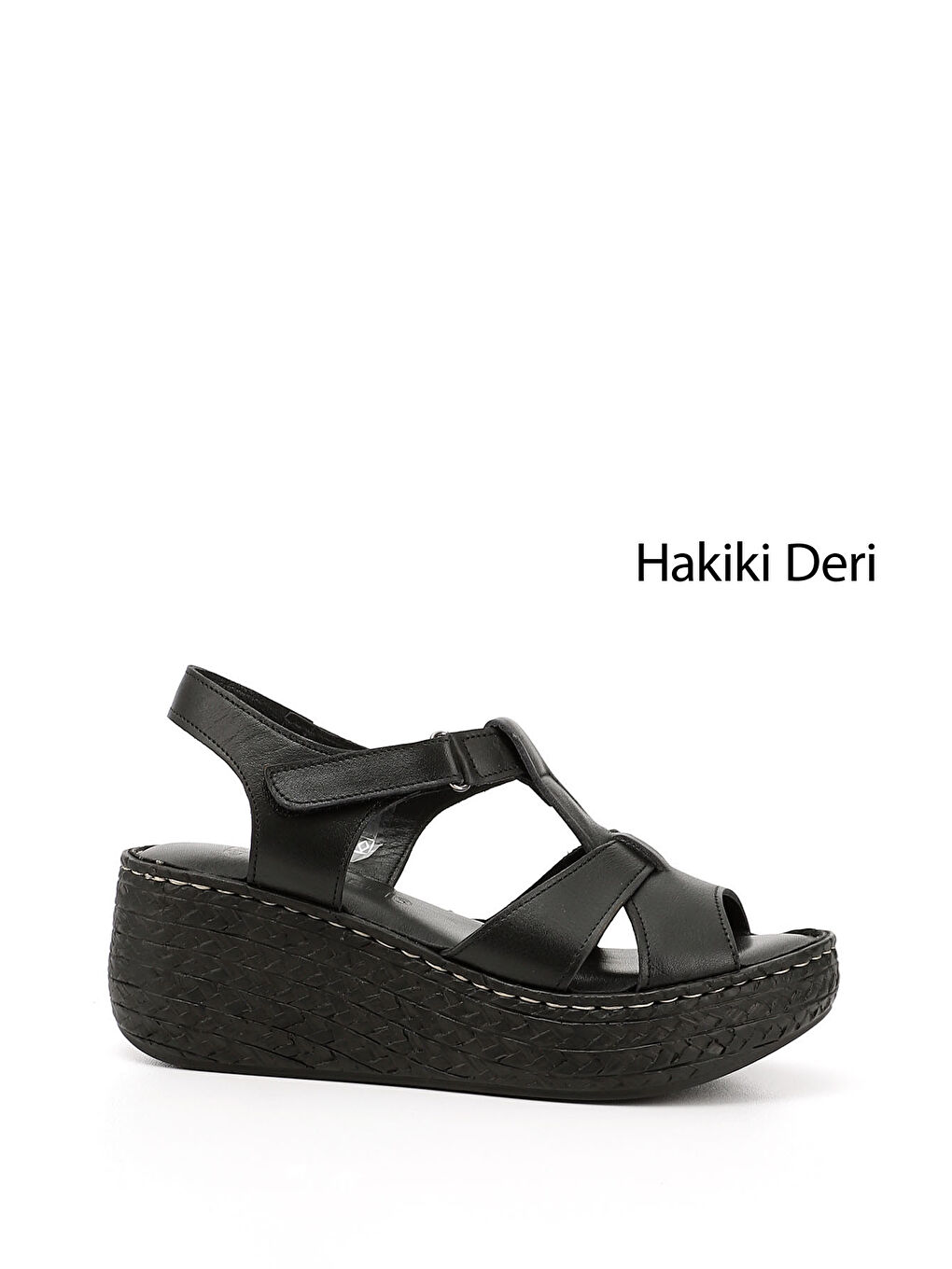 Mor Kadın ZÜMRÜT-SİYAH Cırt Bantlı Dolgu Tabanlı Hakiki Deri Sandalet