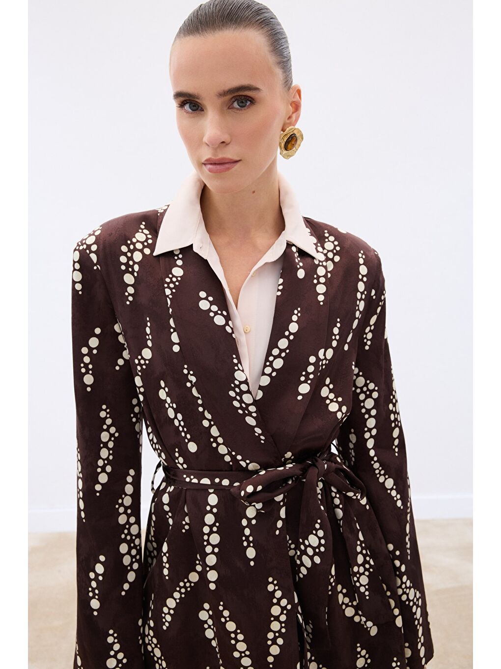 Kahverengi Desenli Uzun Ceket - Kahve-3