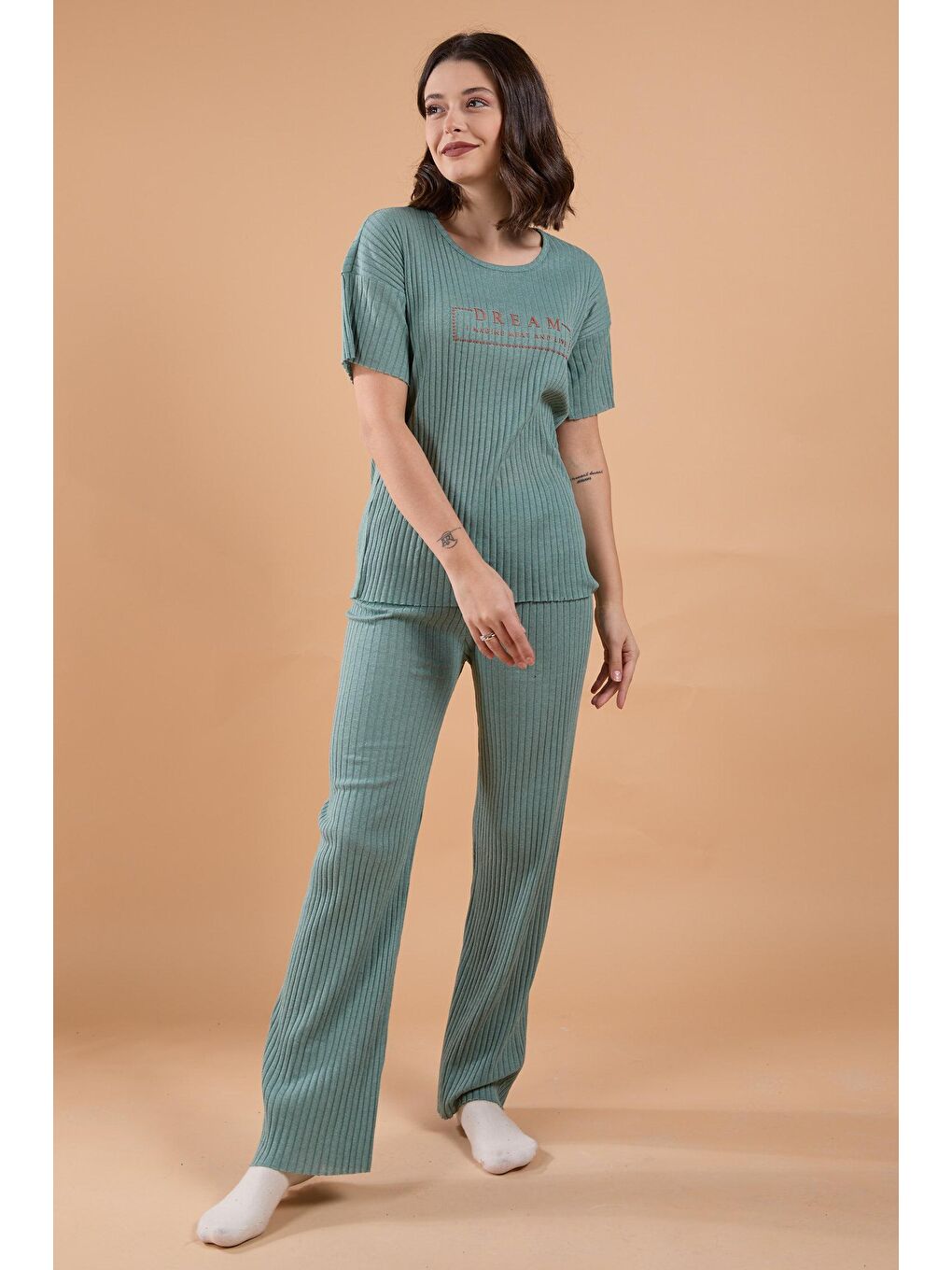 Bisiklet Yaka Kadın Yeşil Pijama Takımı - 23749