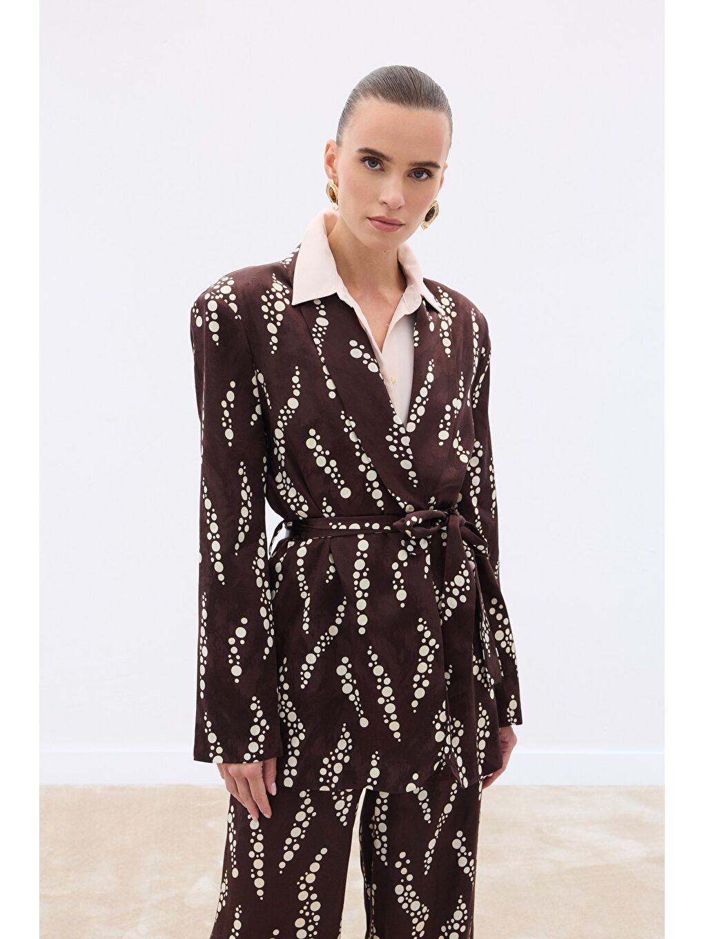 Kahverengi Desenli Uzun Ceket - Kahve-4