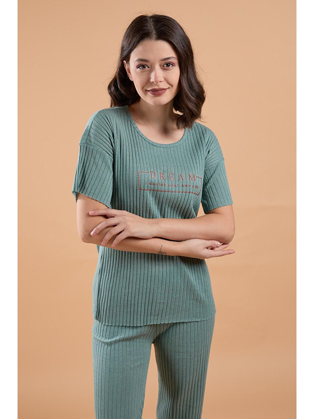 Bisiklet Yaka Kadın Yeşil Pijama Takımı - 23749-1