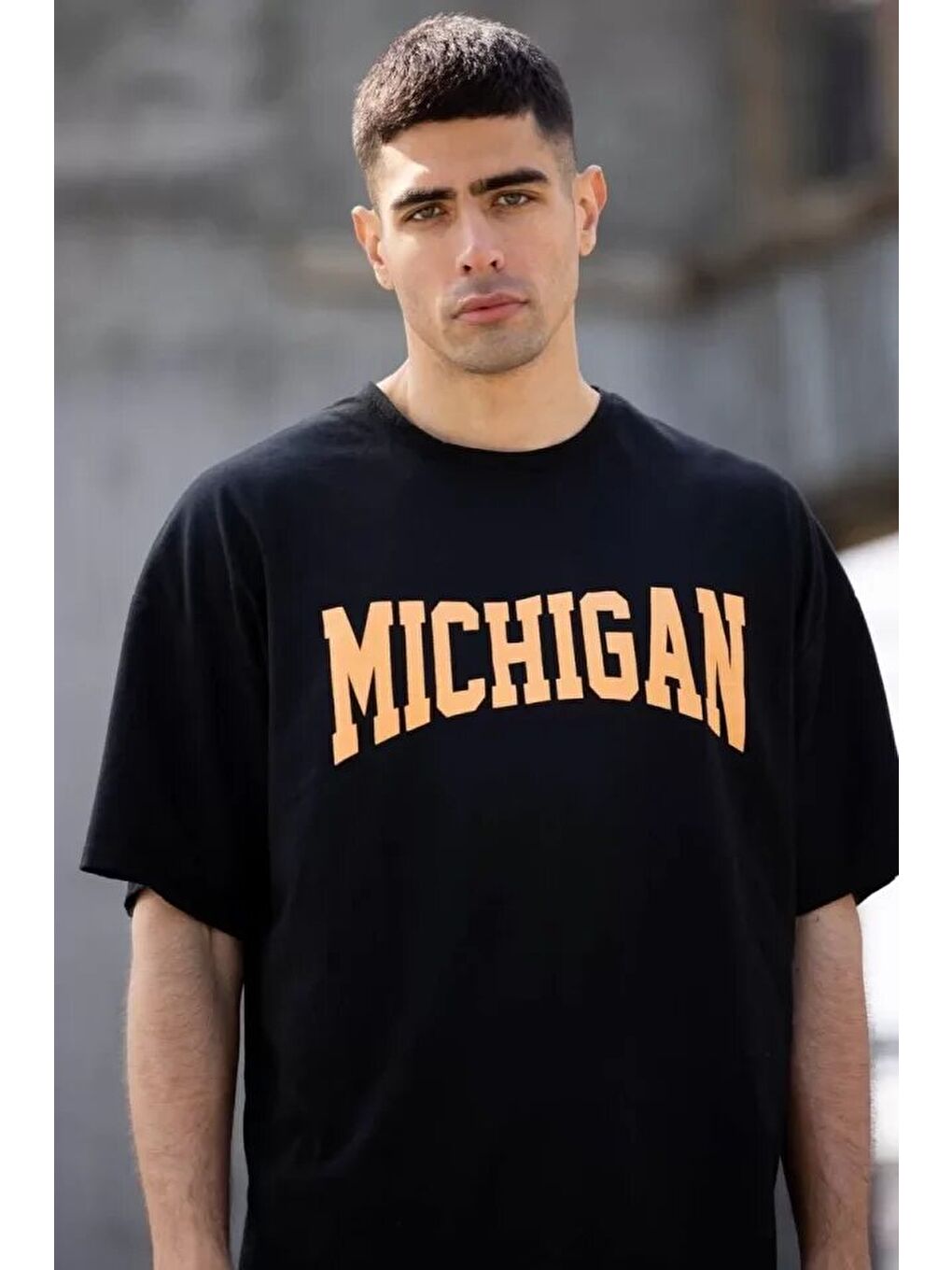 Unisex Bisiklet Yaka Baskılı Oversize T-Shirt - Siyah