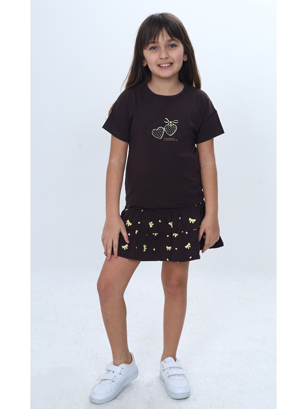 Kahverengi Kız Çocuk 2'li Takım Bisiklet Yaka Kısa Kollu Baskılı Tişört - Beli Lastikli Baskılı Şort Etek 24