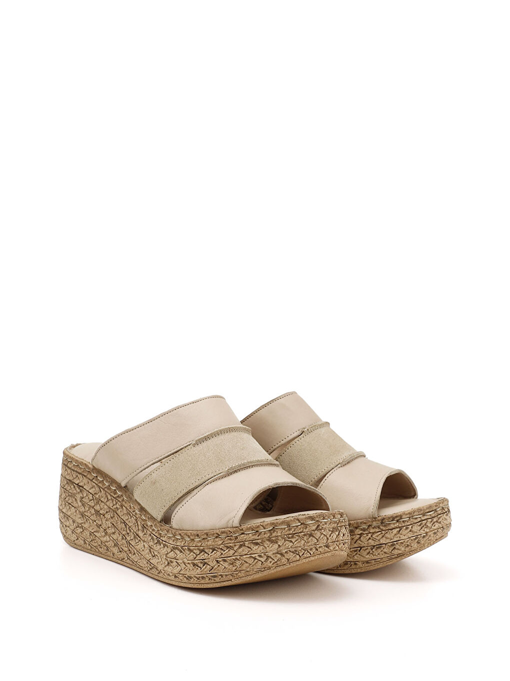 Bej Kadın BEJ-TEN RENGİ Hakiki Deri Dolgu Tabanlı Terlik-1