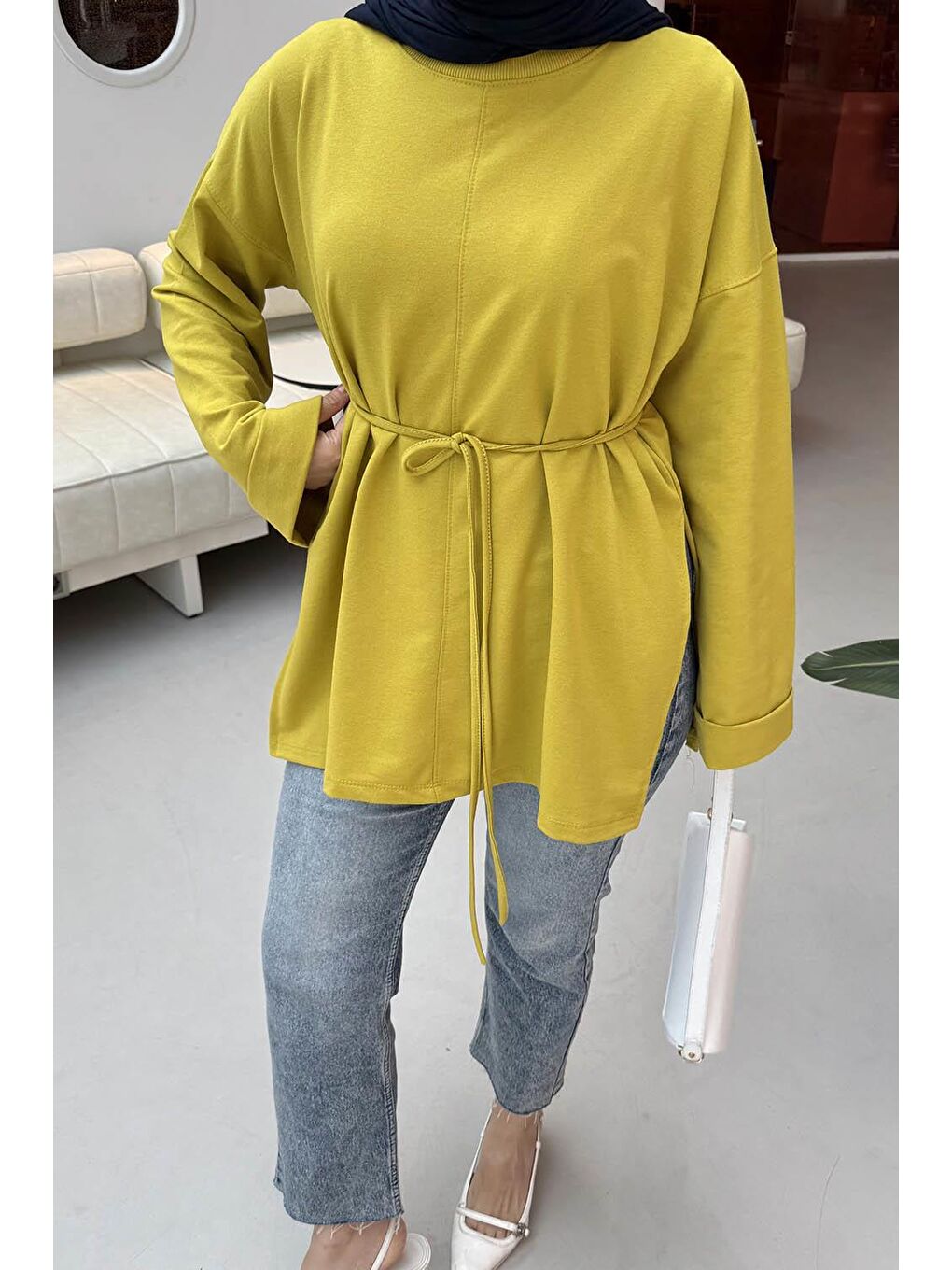 Yırtmaç Detaylı Sweat Yağ Yeşili-2