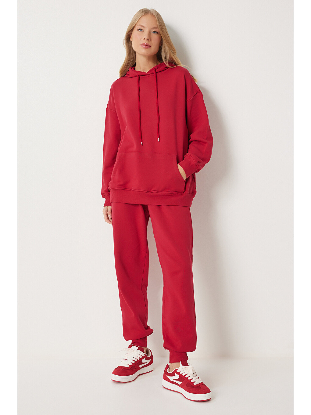 Kapüşonlu Sweatshirt Jogger Oversize Örme Eşofman Takımı Kırmızı Lpys003