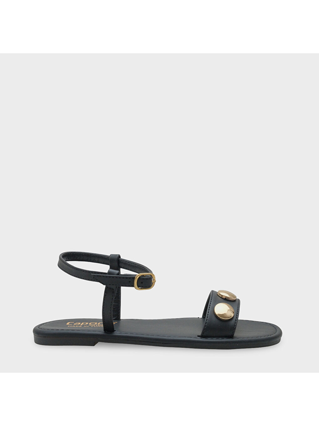 Siyah Celina Tek Bantlı Metal Aksesuarlı Bilekten Bantlı Düz Topuklu Yuvarlak Burunlu Kadın Sandalet