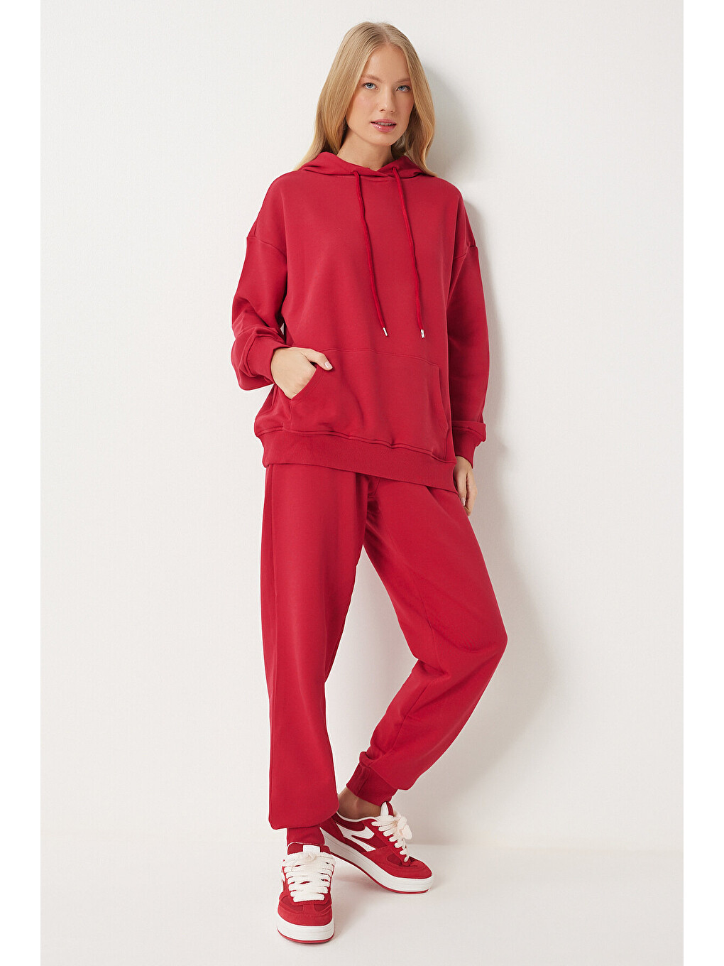 Kapüşonlu Sweatshirt Jogger Oversize Örme Eşofman Takımı Kırmızı Lpys003-1
