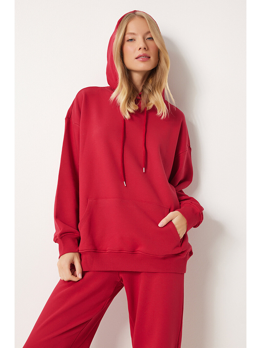 Kapüşonlu Sweatshirt Jogger Oversize Örme Eşofman Takımı Kırmızı Lpys003-2